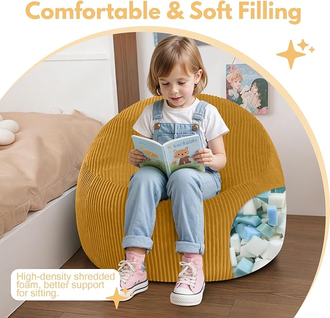 COMAX Bean Bag Chairs for Kids, Toddler BeanBag Sofa with Filler Bean Couch Stuffed for Boys and Girls, Lazy Floor Chair for Playroom, Nursery Room, Yellow