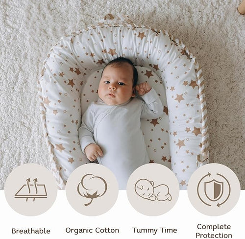 Aila + Aiden Baby Lounger | Organic Cotton Infant Lounger | Reversible, Adjustable & Portable Floor Lounger |Supervised Use | Soft, Breathable, Washable Cover - Star Collection (White/Tan)
