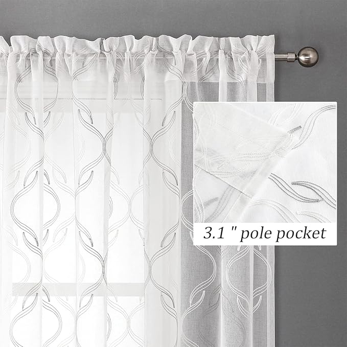 VISIONTEX Sheer Curtains 72 Inches Long 2 Panels Set, Grey and Ivory Moroccan Embroidery Texture Geometric Rod Pocket White Voile Tulle Semi Window Treatment Pair for Bedroom, W54 x L72
