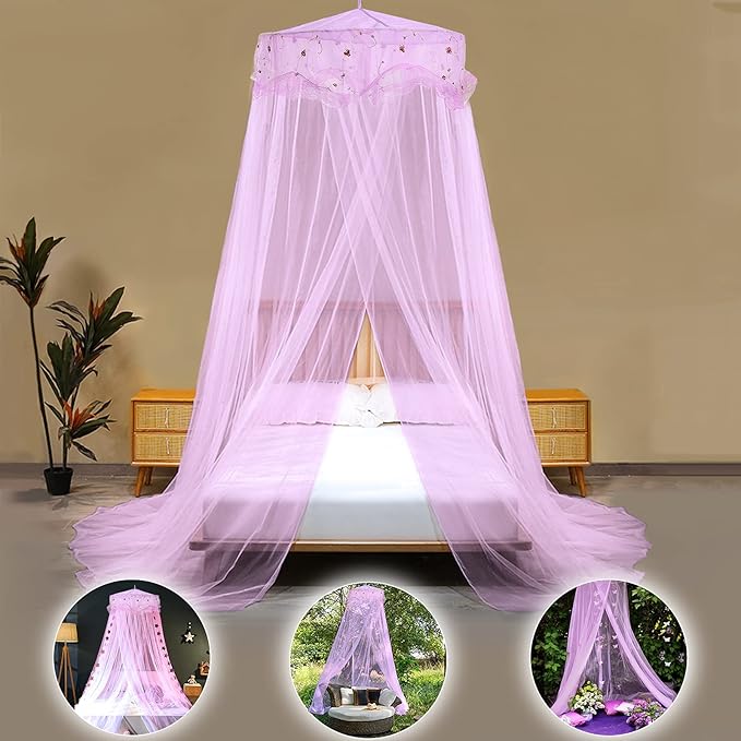 Bed Canopy for Girls, Princess Canopy Bed Curtains for Twin to King Size Bed, Canopy for Bed Baby Kids Adult, Bed Netting Canopy for Bedroom Decor Reading Nook, Summer for Outdoor Camping, Purple
