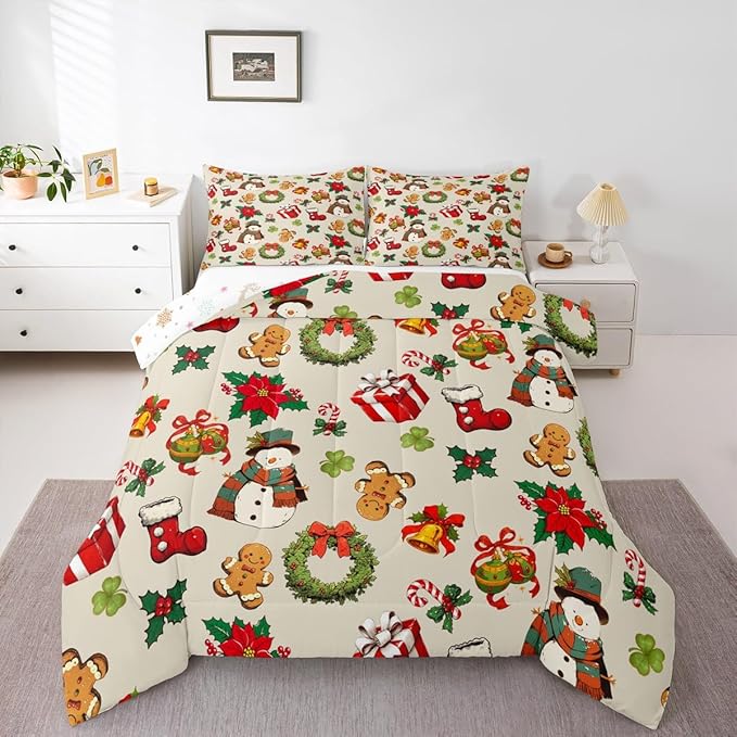 jejeloiu Merry Christmas Comforter Set Toddler Size Cute Snowman Bedding Set for Kids Boys Girls Gingerbread Man Duvet Quilt Beige Bedroom Decor