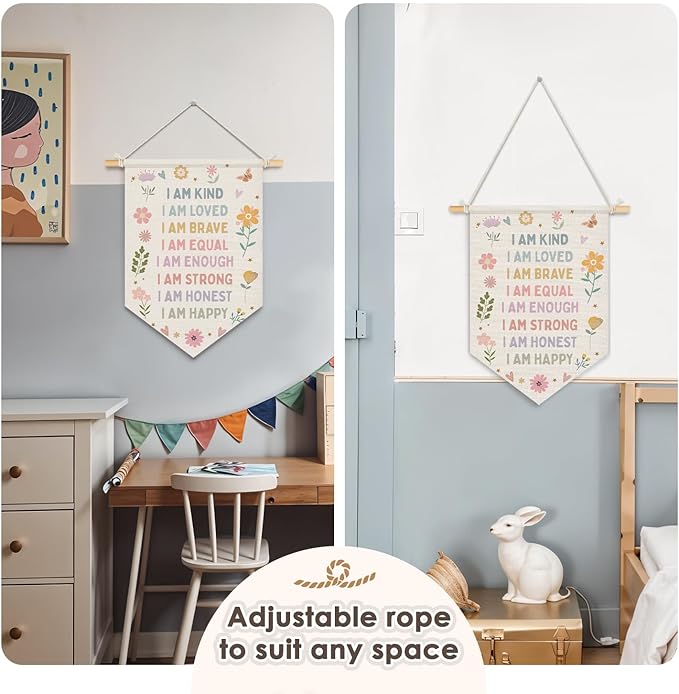 Wheatwin Positive Affirmations Wall Decor, Girl Nursery Decor, Pastel Floral Wall Hanging Pennant Flag Banner for Toddler Baby Girls Room Bedroom Dorm Playroom 15x11 Inch