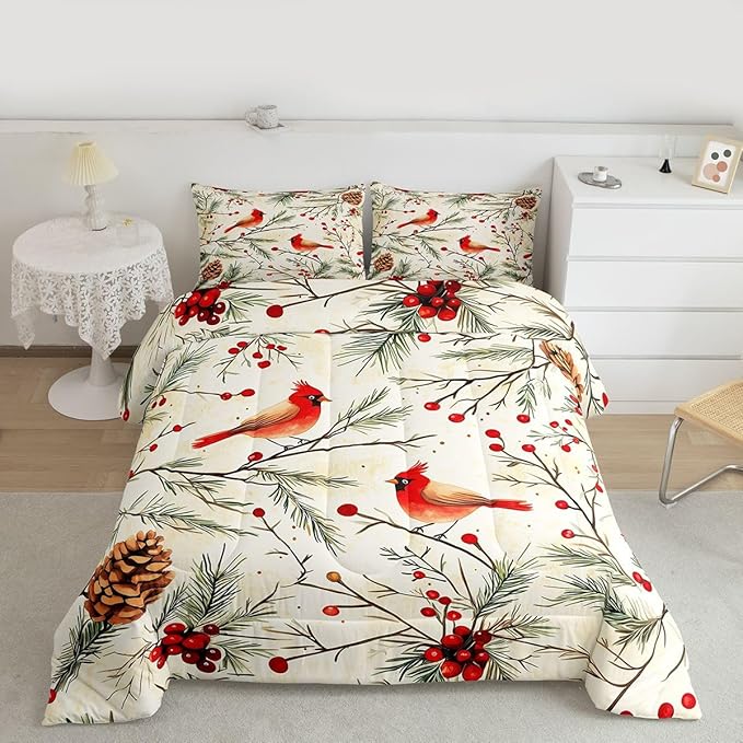 Feelyou Cardinal Bird Kids Comforter Set Toddler Size Pine Branch Bedding Set Red Berry Duvet Quilt for Kids Boys Girls Bedroom Pine Cone Decor Winter Christmas Pattern Ultra Soft Breathable