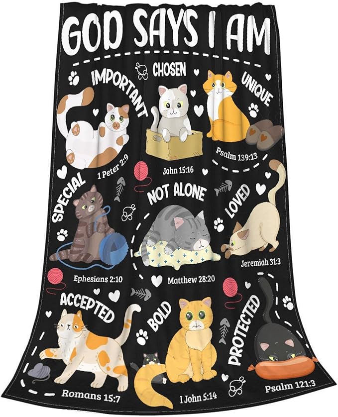 Cat Throw Blanket,Bible Verse Blanket, Christian Gifts, God Says I am Print Blankets, Meaningful Thoughtful Religious Gifts for Girls,Cat Lover Room Bed Decoration, 40" x50”