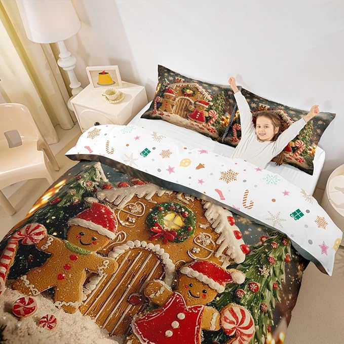 Feelyou Cute Gingerbread Man Duvet Cover Queen Size Cartoon Christmas Bedding Set for Boys Girls New Year Holiday Comforter Cover Reversible Xmas Decor Bedroom Decor 3Pcs