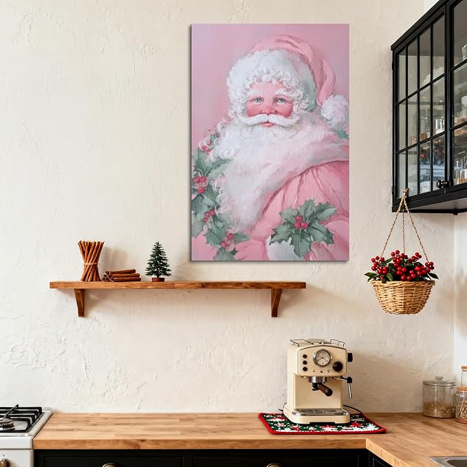 YONICA Christmas Canvas Wall Art Pink Santa 24x36 Inch Soft Pastel Holiday Art for Nursery - Large Framed Gallery Wrapped Kids Room Decor