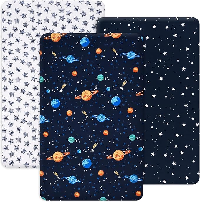 PHF 3 Pack Soft Mini Crib Sheets, Space Silky Pack N Play Sheets for Baby Boys Girls Neutral, Universal Fit for Pack N Play, Playard, Portable and Mini Crib Mattresses, Space