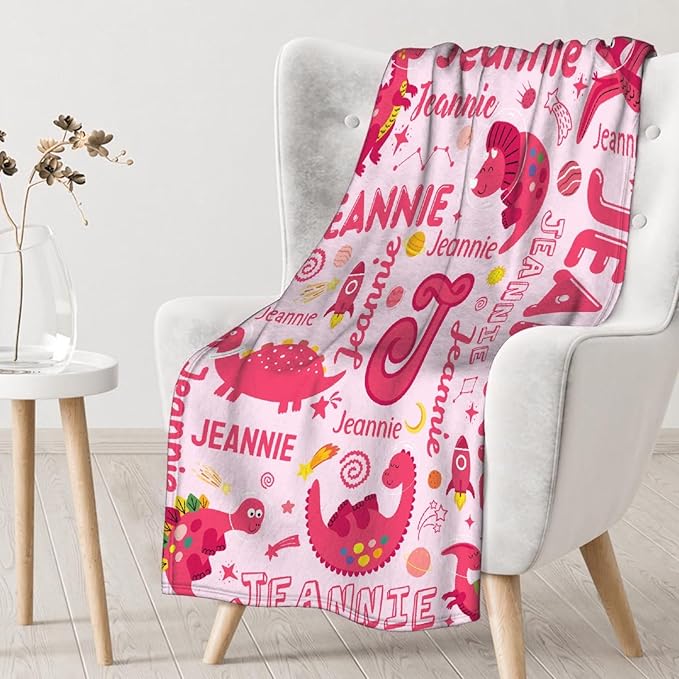 Dinosaur Lover Astronaut Personalized Blanket with Name Custom Pink Dinosaur with Name Flannel Blanket Soft Throw Meaningful Gift for Toddlers Girls Boys Kids Pets 60 * 50" M for Teen