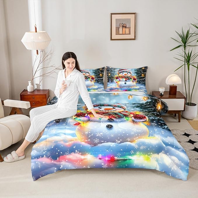 Lovely Snowman Comforter Set King Size,Xmas Colorful Lanterns Snowflake Kids Bedding Set,Winter Merry Christmas Quilt Comforter,Rainbow Duvet Insert,2 Pillowcases