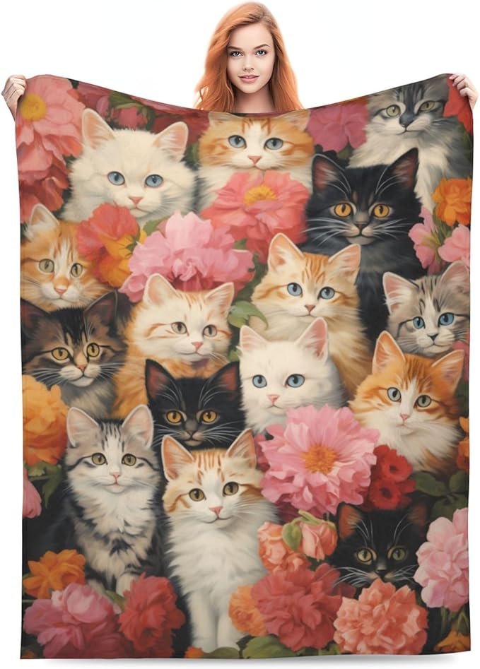 Cute Cat Blanket Gifts for Cat Lovers Girls Women Kitten Floral Flannel Throw Blankets for Home Couch Bed Sofa Soft Fuzzy Lightweight Decor All Season 50x40 Inches