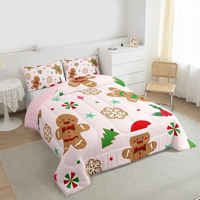 Feelyou Merry Christmas Kids Comforter Set King Size Gingerbread Man Bedding Set Xmas Tree Duvet Quilt for Kids Boys Girls Bedroom Red Berries Snowflake Decor Microfiber Ultra Soft Breathable