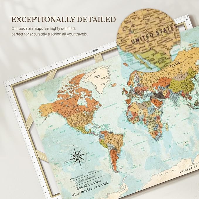 ElephantStock - Personalized Wanderer Push Pin World Map Wall Art - Horizontal Canvas Wall Art - Living Room Wall Decor - Digital Art Map Canvas Art - Orange And Blue Decor - 39" x 26"
