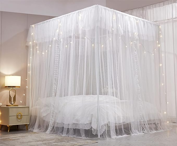 VETHIN 4 Corners Post Ruffle Princess Bed Canopy Curtain-Double Layer Cozy Drape Netting 4 Opening Mosquito Net for Girls Adults Bedroom Decoration (White/White, 53" W*78" L*82"*H/(Full))