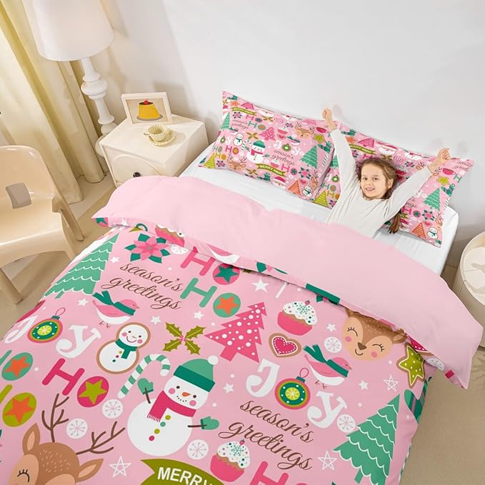 Feelyou Kids Pink Merry Christmas Bedding Set Twin Merry Christmas Tree and Snowman Duvet Cover for Bedroom Decor Xmas Comforter Cover Set Snowflake Holiday Bedspread Cover with 1 Pillow Case