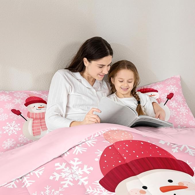 Feelyou Christmas Bedding Set Soft for Boys Girls, Snowman Pink Comforter Set Toddler Size Xmas Snowflakes Duvet Quilt Microfiber Winter Snow Bedroom Decor 2 Pcs with 1 Pillow Cases