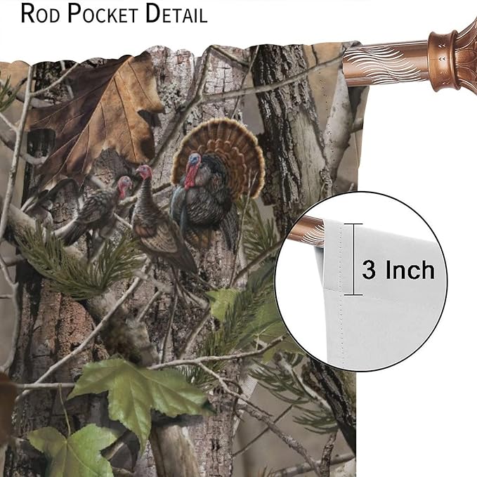 Retro Forest Window Curtains, Camouflage Hunting Tree Camo Rustic Deer Elk Bird Bear Blackout Rod Pocket Windows Door Curtain for Bedroom Living Room Home Decor 72x63in