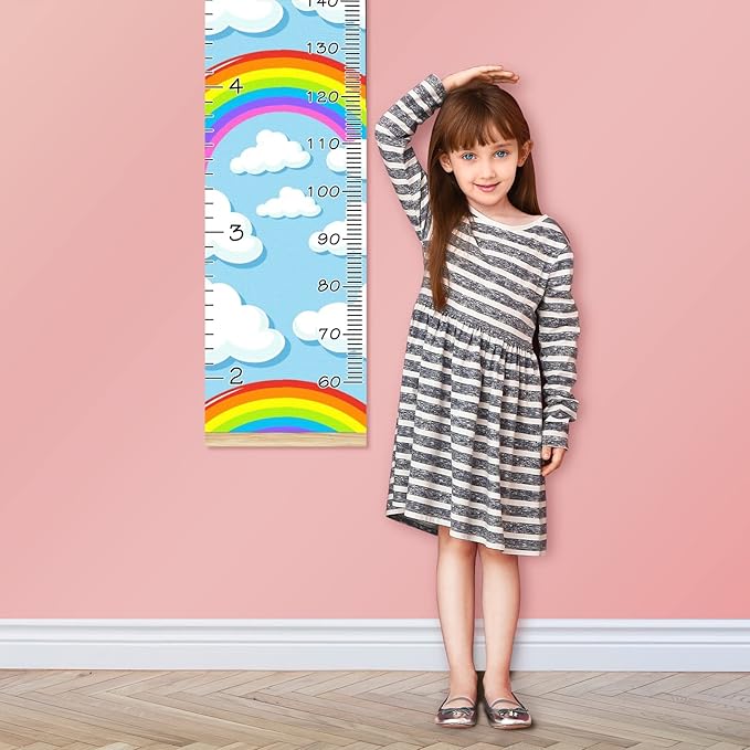 Personalized Kids Name Growth Chart Ruler for Wall Wood Frame Height Measure Chart 13.4x56 in Linen Hanging Height Growth Chart Colorful Rainbow Clouds Kids Room Decor