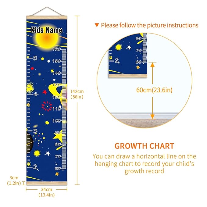 Personalized Kids Name Growth Chart Ruler for Wall Wood Frame Height Measure Chart 13.4x56 in Linen Hanging Height Growth Chart Cartoon Planets Star Solar Kids Room Decor