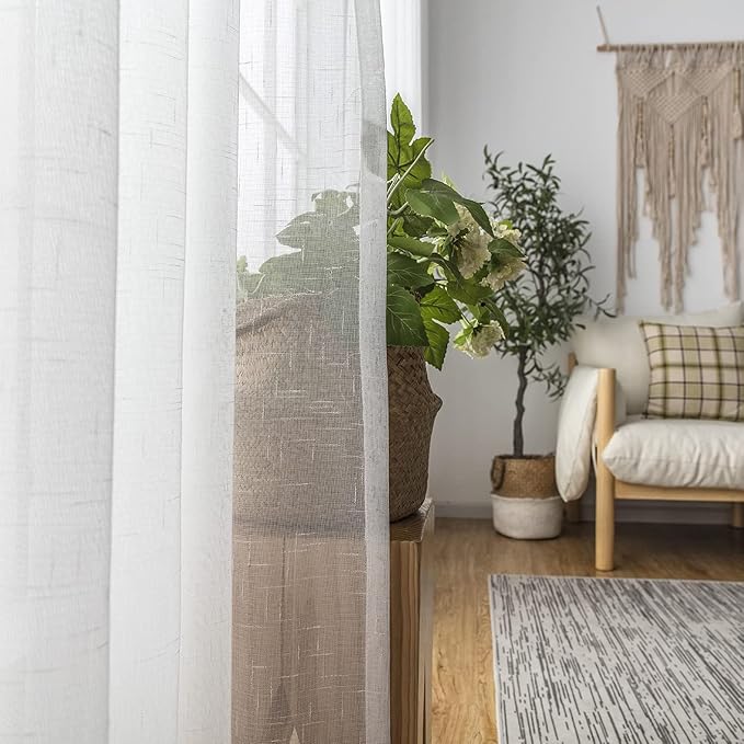 Off White Pinch Pleated Sheer Curtains 102 Inches Long 1 Panel, 50 Inch Width, Thin Textured Linen Look Sliding Glass Door Curtain, Rustic Floor to Ceiling Drapes Living Room Window Decor