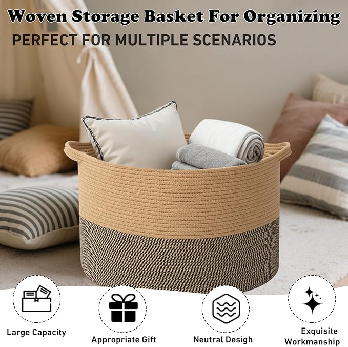Large Blanket Basket for Organizing,65L Closet Organizers and Storage Bins Box for Shelves Woven Rope Storage Baskets,Living Room,Bedroom,Dorm,Laundry room (Jute&Black)