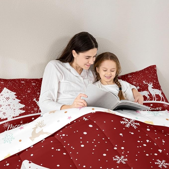 Merry Christmas Kids Comforter Set Full Size,Deer Elk Pine Trees Bedding,Girls Boys Adults Bedroom/Xmas Cabin Decor,Snowflake Romantic Down Comforter,Rustic New Year Red Duvet Insert,2 Pillowcases