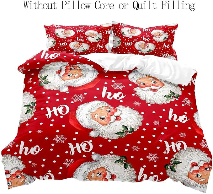 LUVIVIHOME 3PCS Santa Claus Duvet Cover Queen Bedding Sets, Red Duvet Cover, Christmas Bedding, Polka Dot Snowflake Holiday New Year Xmas Gifts Christmas Comforter Bedspread Quilt Cover 2 Pillow Cases