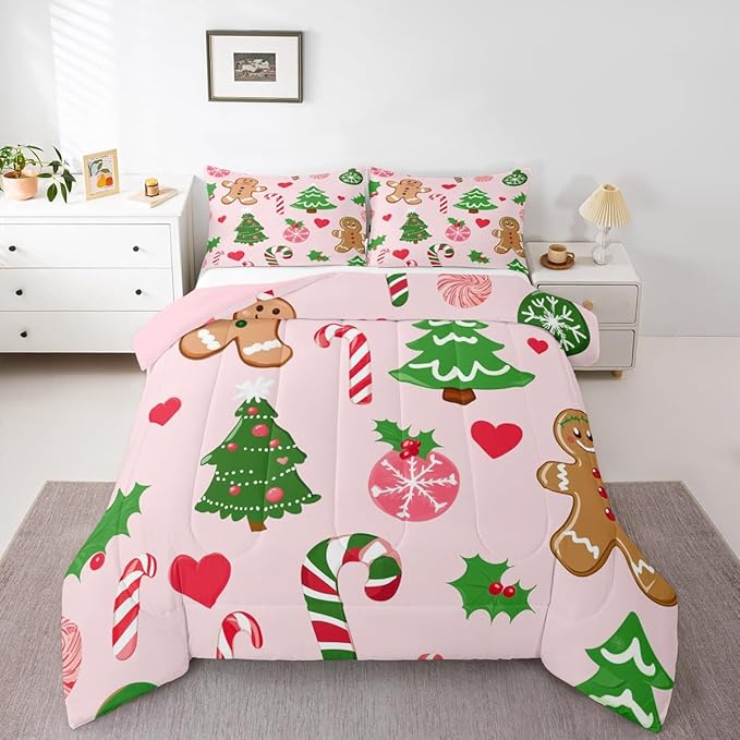 Feelyou Merry Christmas Kids Comforter Set Full Size Gingerbread Man Bedding Set Christmas Decor Duvet Quilt for Kids Boys Girls Bedroom New Year Gift Decor Microfiber Ultra Soft Breathable