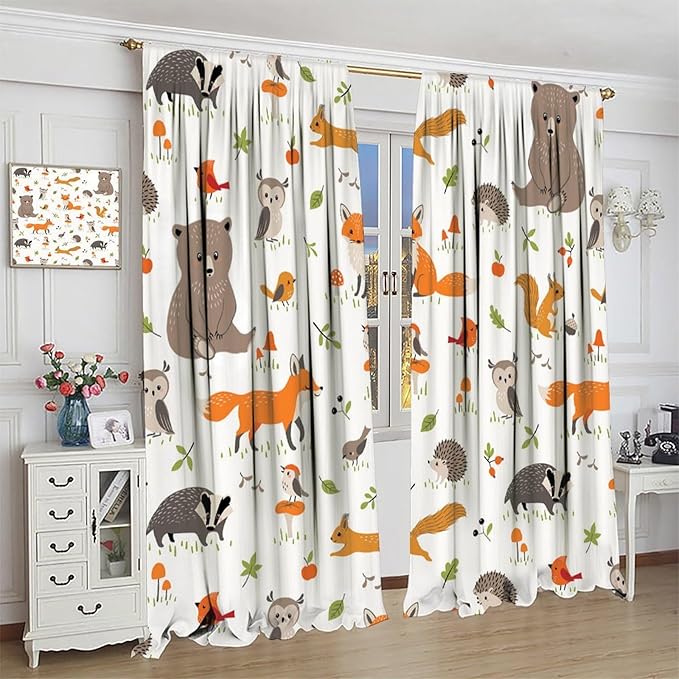 Forest Animal Curtains for Kids, Cartoon Safari Woodland Animals Window Treatments Cute Wild Jungle Bear Fox Deer Bear Window Drapes for Girls Boys Nursery Toddler Bedroom 42x63in