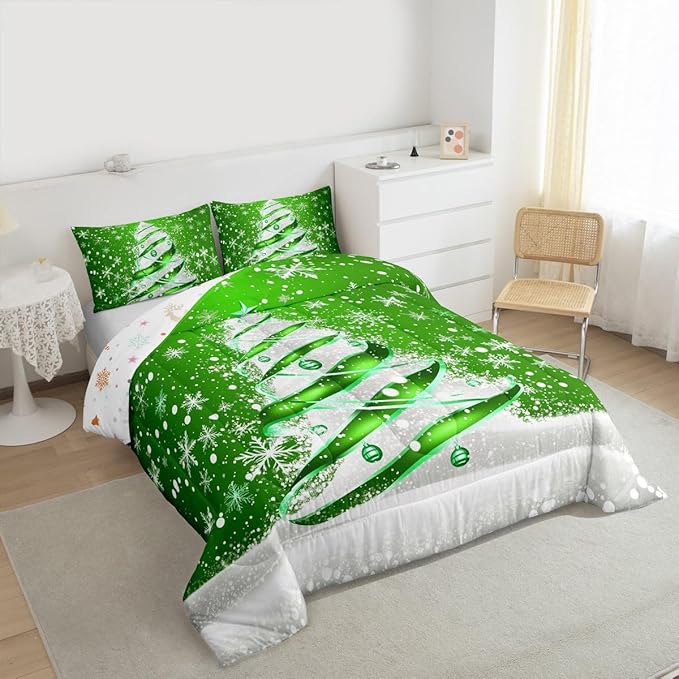 Feelyou Merry Christmas Comforter Set All Season Christmas Tree Bedding Set with 2 Pillow Cases Snowflake Microfiber Kids King Bedclothes Winter Bedroom Decor Duvet Quilt Breathable Soft