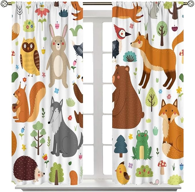 Kids Safari Animals Curtains, Baby Boy Girl Rustic Woodland Printed Cartoon Forest Window Treatments for Bedroom Living Room Nursery 2 Panels Sets, 63x72 Inch