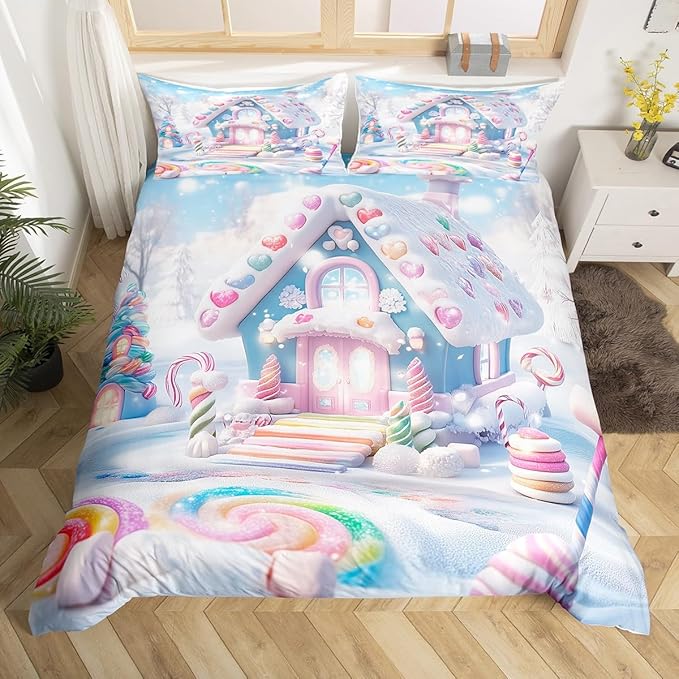 Manfei Christmas Kids Duvet Cover Set King Size, Cute Candy Cabin Xmas Bedding Set for Boys Girls Room Decor, New Year Winter Comforter Cover, Soft Polyester Quilt Cover, 2 Pillowcases, No Comforter