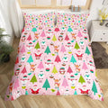 Christmas Bedding Set for Kids Boys Girls Cute Santa Claus Deer Comforter Cover Set Pink Christmas Tree Duvet Cover Bedroom Decor Kawaii Xmas Theme Bedspread Cover Twin Size Bedding Collection 2Pcs