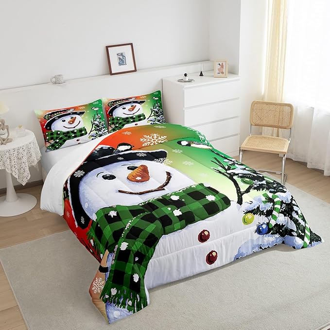 Feelyou Kids Christmas Theme Decorations Bedding Set Xmas Snowman Comforter Set for Boys Girls Snowflake Kawaii Cute Comforter Orange Red Green Quilt Set Bedroom Collection Full Size