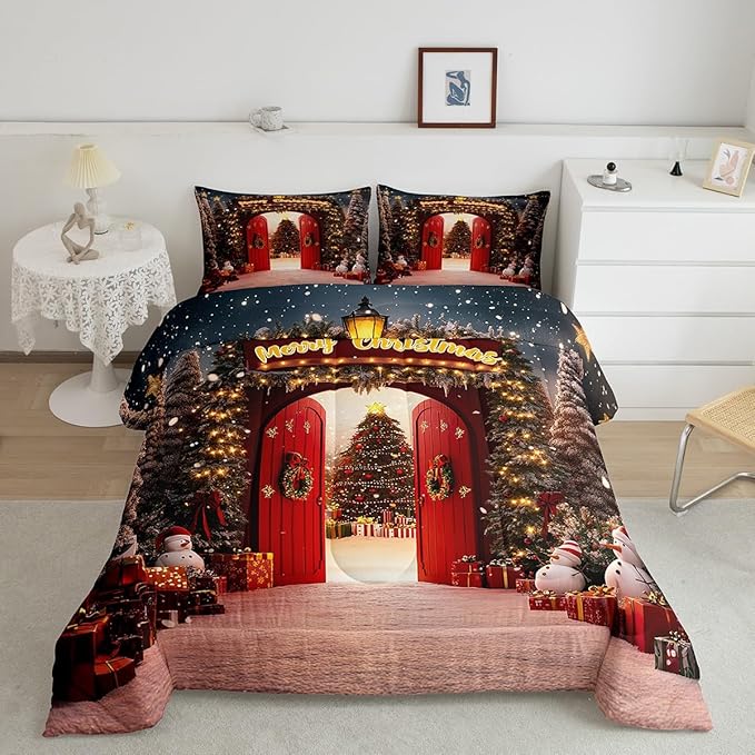 Feelyou Merry Christmas Bedding Set for Kids Boys Girls Toddler Size Christmas Tree and Snowman Comforter Set Ultra Soft Comforter Snowflake Duvet Quilt Bedroom Decor Decorations Quilt