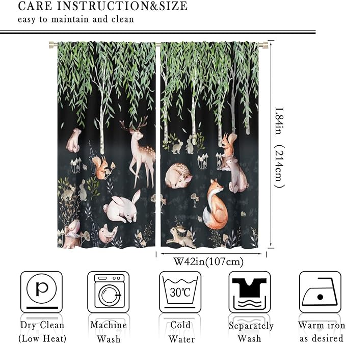 Forest Animal Curtains, Watercolor Cartoon Woodland Plants Animals Bears Moose Mushrooms Printed Curtains for Kids Boys and Girls Bedroom Window Drapes 84x84in