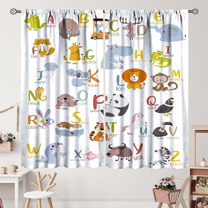 Kids Alphabet Curtains Funny Cartoon Educational Learning Cute Animal Zebra Curtain with Rod Pocket for Bedroom Living Room Decor Drapes Window Treatments 2 Panels Set 72" W X 63" L