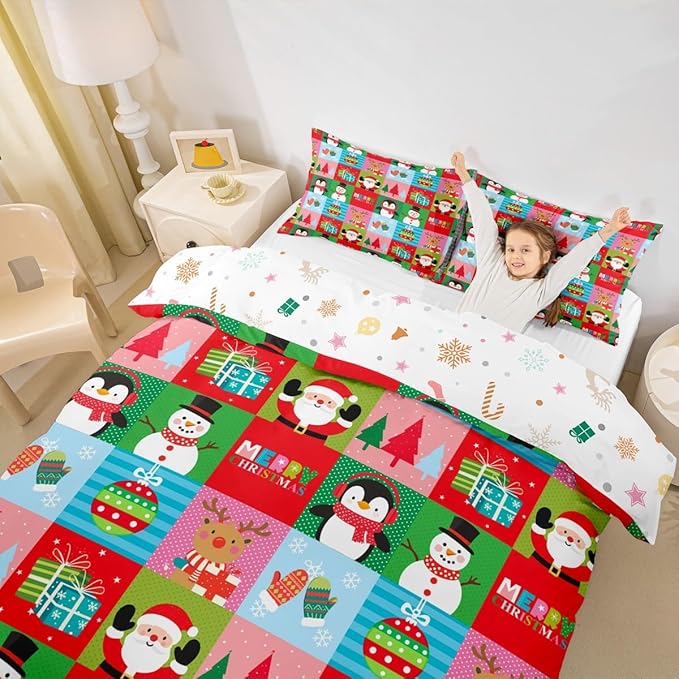 Christmas Bedding Set for Kids Boys Girls Santa Claus Christmas Tree Comforter Cover Set Colorful Geometric Grid Duvet Cover Bedroom Decor Xmas Theme Bedspread Cover Twin Size Bedding Collection 2Pcs