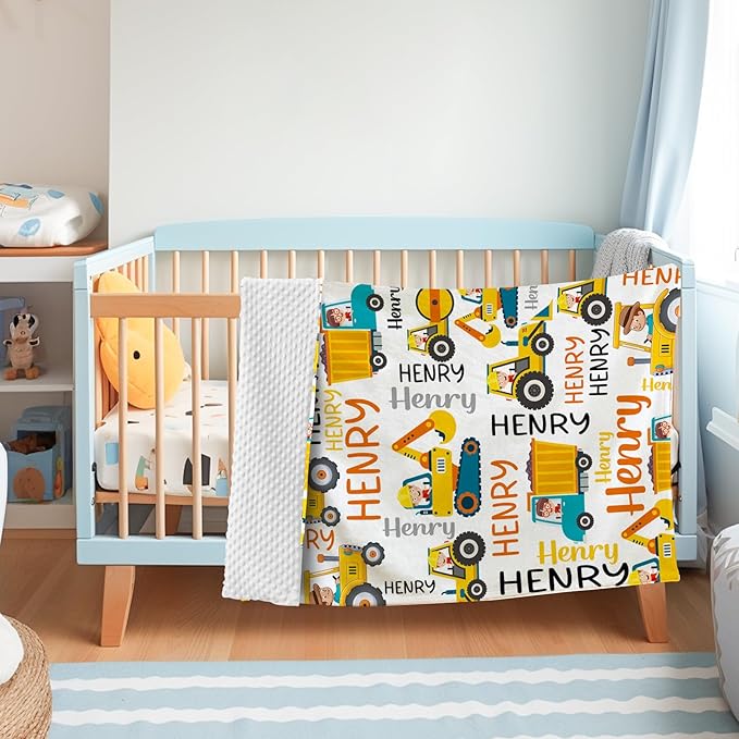 Personalized Baby Blankets for Boys, Custom Name Blanket Birthday Gift for Kid, Soft Flannel Blanket with Dotted Backing for Infants Toddlers, Customized Gifts, Yellow Truck(47" x60)