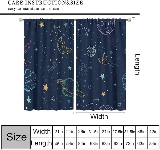 Navy Blue Space Curtains, Cartoon Outer Space Stars Planets Theme Galaxy Curtains for Kids Teens Bedroom Nursery Toddlers Room 63" W X 63" L