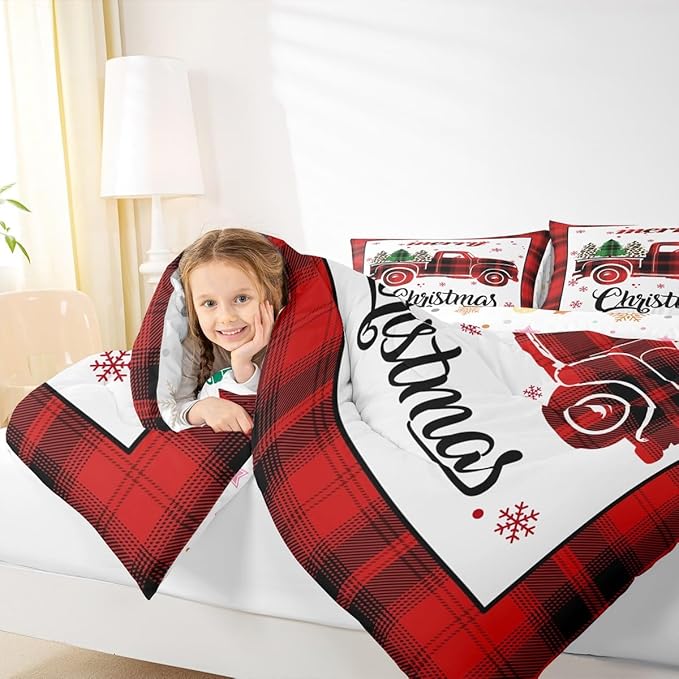 Manfei Red Truck Comforter Set Queen Size, Xmas Tree Snowflake Bedding Set 3pcs for Kids Boys Girls Bedroom Decor, Christmas Theme Red Plaid Quilt Set New Year Duvet Insert with 2 Pillowcases