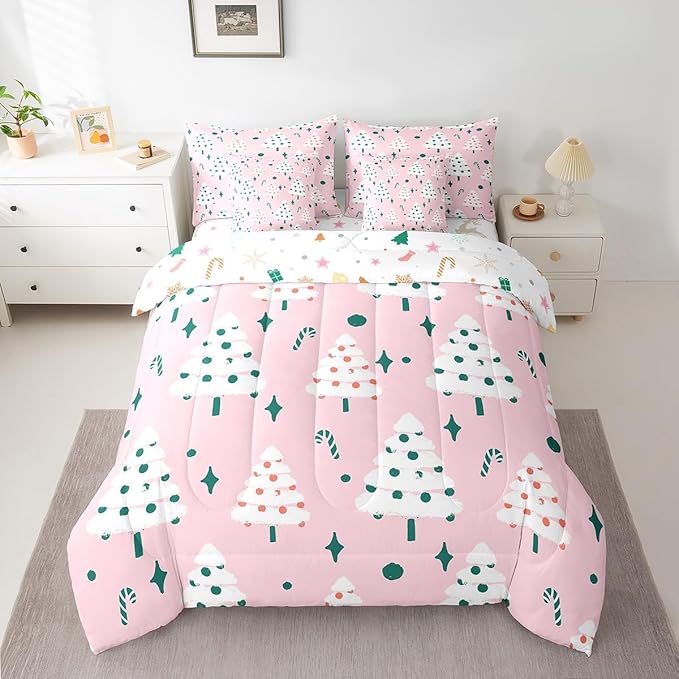 Feelyou Christmas Girly Comforter Set with Sheets Kids Christmas Tree Bedding Set Boys Girls Snowflake Candy Decor Bed in a Bag Xmas Theme Pink Bed Set Bedroom Queen Size