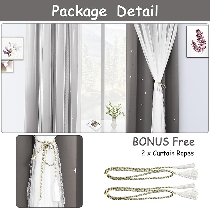 Kinryb Kids Blackout Curtains for Bedroom/Living Room/Classroom, Sheer Overlay Extra Long 2 Panel Set, Double Layer Curtains with Star Cutout for Kids Room(W 52 x L 108 Inches,Grey 2 Pcs)