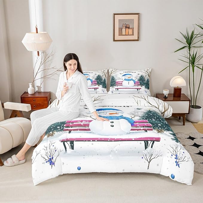 Feelyou Merry Christmas Bedding Set Soft for Boys Girls, Cute Snowman Comforter Set Queen Size Snowflake Duvet Quilt Microfiber Christmas Tree Bedroom Decor 3 Pcs with 2 Pillow Cases