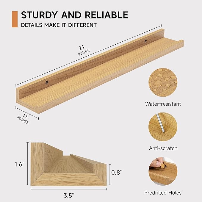Fun Memories Picture Ledge Shelf, 24 Inch Floating Shelves Set of 2, Nursery Book Shelves for Toys Storage, Kids Bookshelf Wall Mounted for Wall Decor Books Photo Frames, Oak