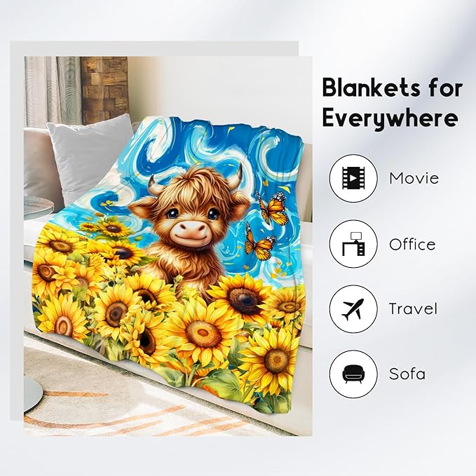 Kids Blanket - Highland Cow Blankets for Teens/Women - Flannel Soft Sunflower Throws for Bed Office - 50"x60"