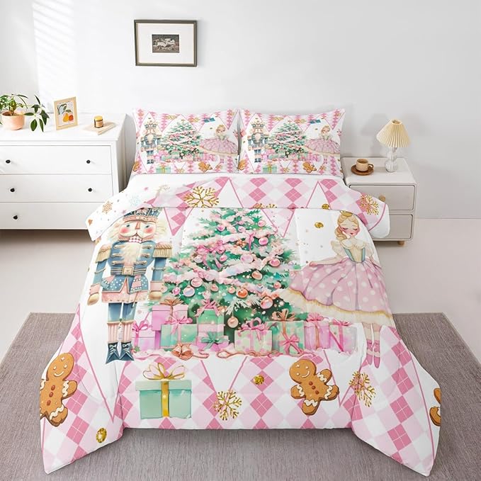 jejeloiu Christmas Nutcracker Comforter Set Twin Size Gingerbread Man Bedding Set for Kids Boys Girls Xmas Tree Duvet Quilt White Pink Bedroom Decor