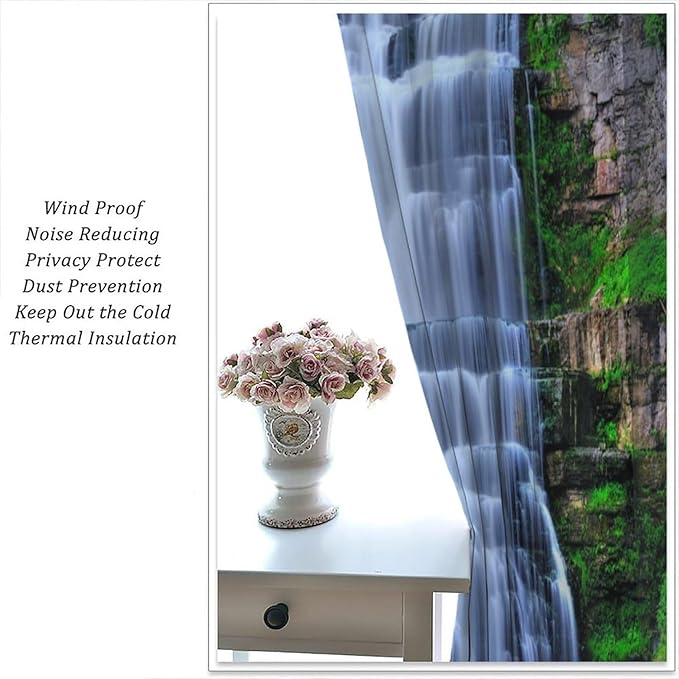 Nature Scenery Waterfall Blackout Curtains, Forest Waterfall Landscape Green Jungle Stone Falls Print Pattern Rod Pocket Window Drapes, for Bedroom Living Room 63" W X 63" L