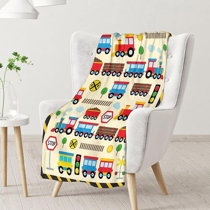 Train Blanket for Boys Kids - 40" x 50" Inches Cartoon Train Blanket Gifts - Yellow Warm Soft Flannel Throw for Crib, Couch, Sofa