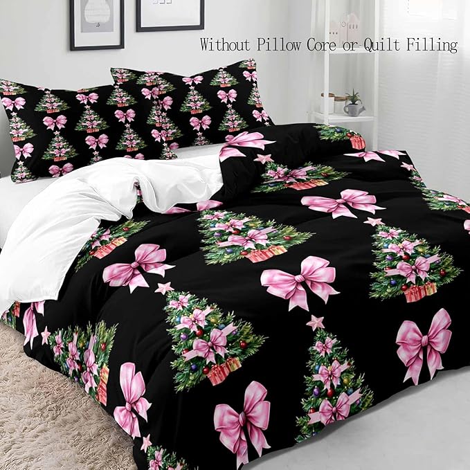 LUVIVIHOME 3PCS Christmas Tree Pink Bow Duvet Cover King Bedding Set, Teen Girl Bedding, Black Duvet Cover, Bowknot Xmas Tree Winter Holiday Festival Coquette Christmas Comforter Cover, 2 Pillow Cases