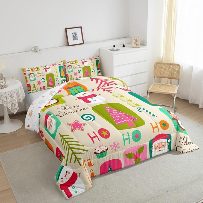 Erosebridal Xmas Decor Quilts Kids Santa Claus Christmas Tree Comforter Set Boys Girls Bedroom, Cartoon Snowflake Bedding Set Cute Snowman Down Comforter Full Size